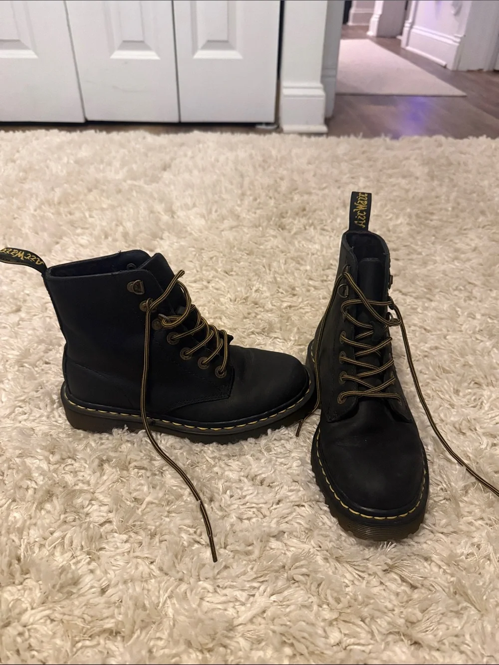 Dr. Martens Black Leather Lace-Up Boots with Yellow Stitching